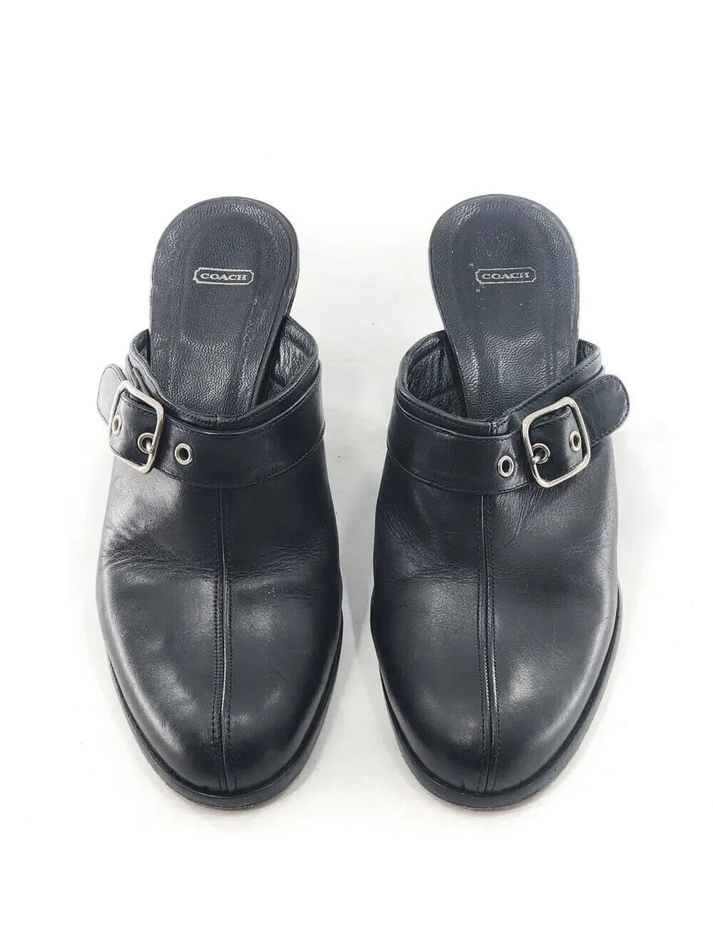 COACH Bethany Black Leather Buckle‎ Detail Wedge Heel Mules